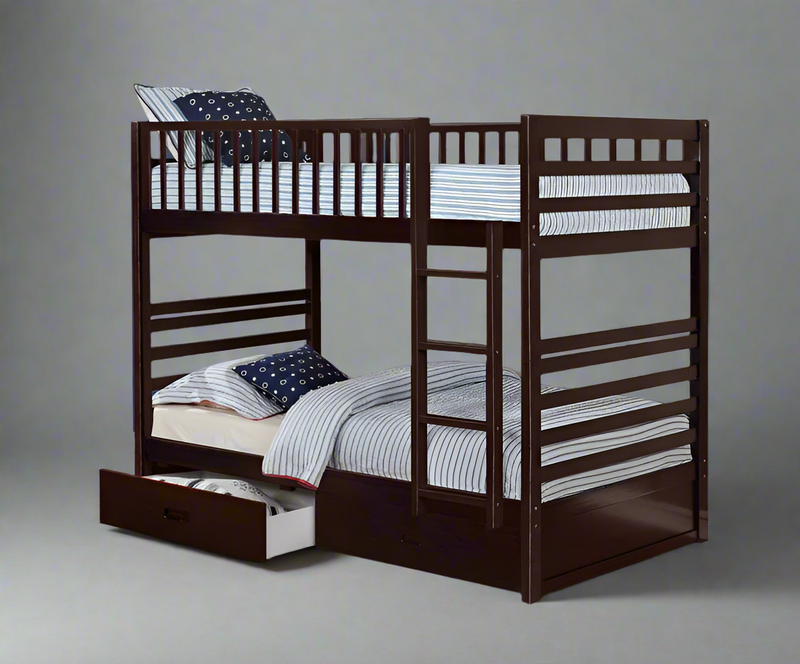 Espresso Wooden Bunk Bed Single over Single (Twin) Includes Drawers & Convertible