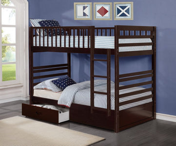 Espresso Wooden Bunk Bed Single over Single (Twin) Includes Drawers & Convertible