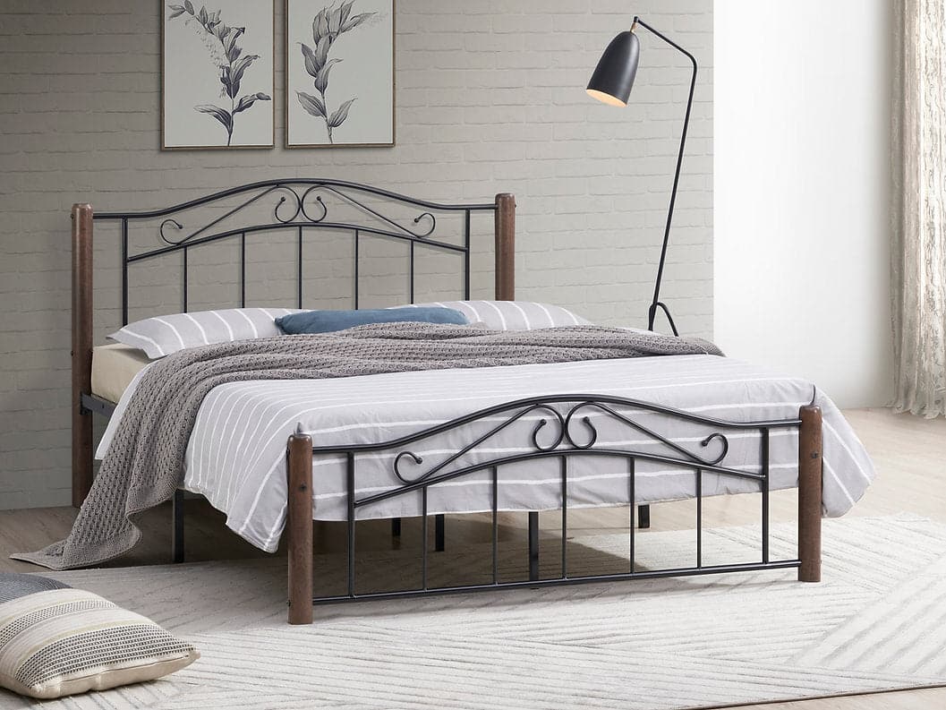 Walnut Wooden Rounded Post Bed with Black Metal Headboard & Footboard