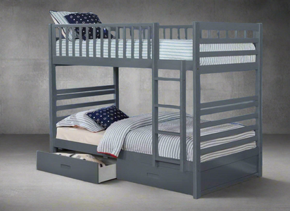 Grey Wooden Twin over Twin Single Bunk Bed includes Drawers