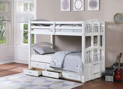 Single over Single over Single White Wood Bunk Bed with Captains Bed Drawers and Trundle