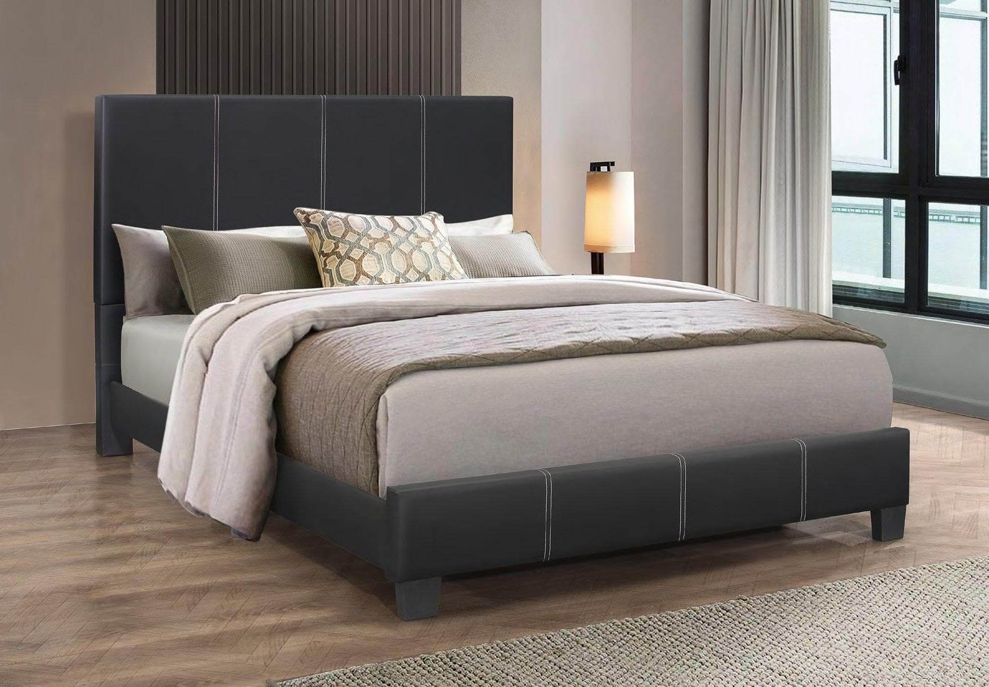 Black PU Bed with Contrast Stitching Queen Bed - DirectBed