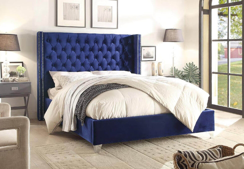 Blue Velvet Fabric Bed With Mattress Support