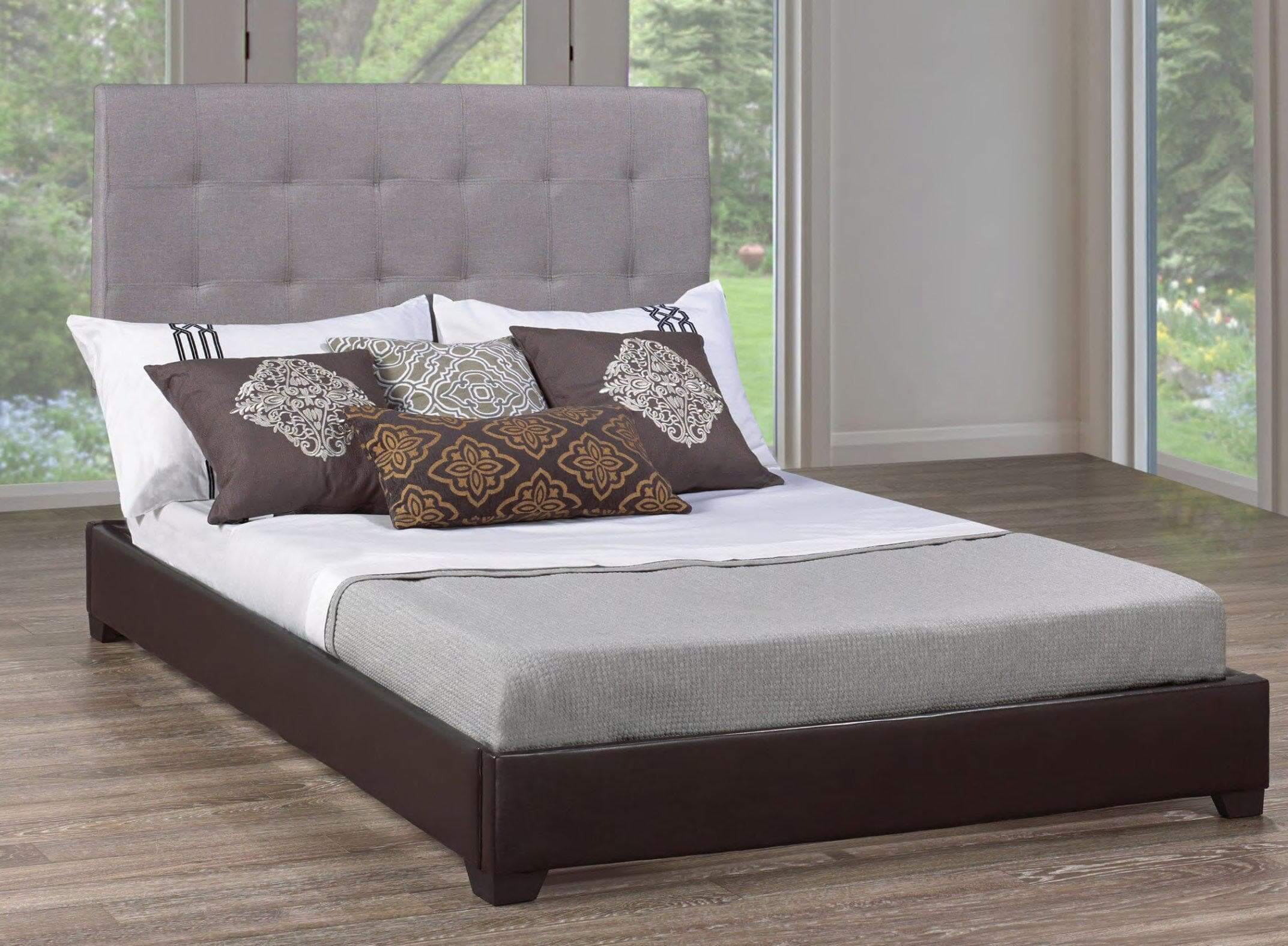 Grey Fabric Headboard optional Espresso Platform shown - DirectBed