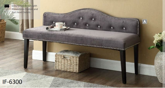 Grey Velvet Bench with Rhinestone Crystals - DirectBed